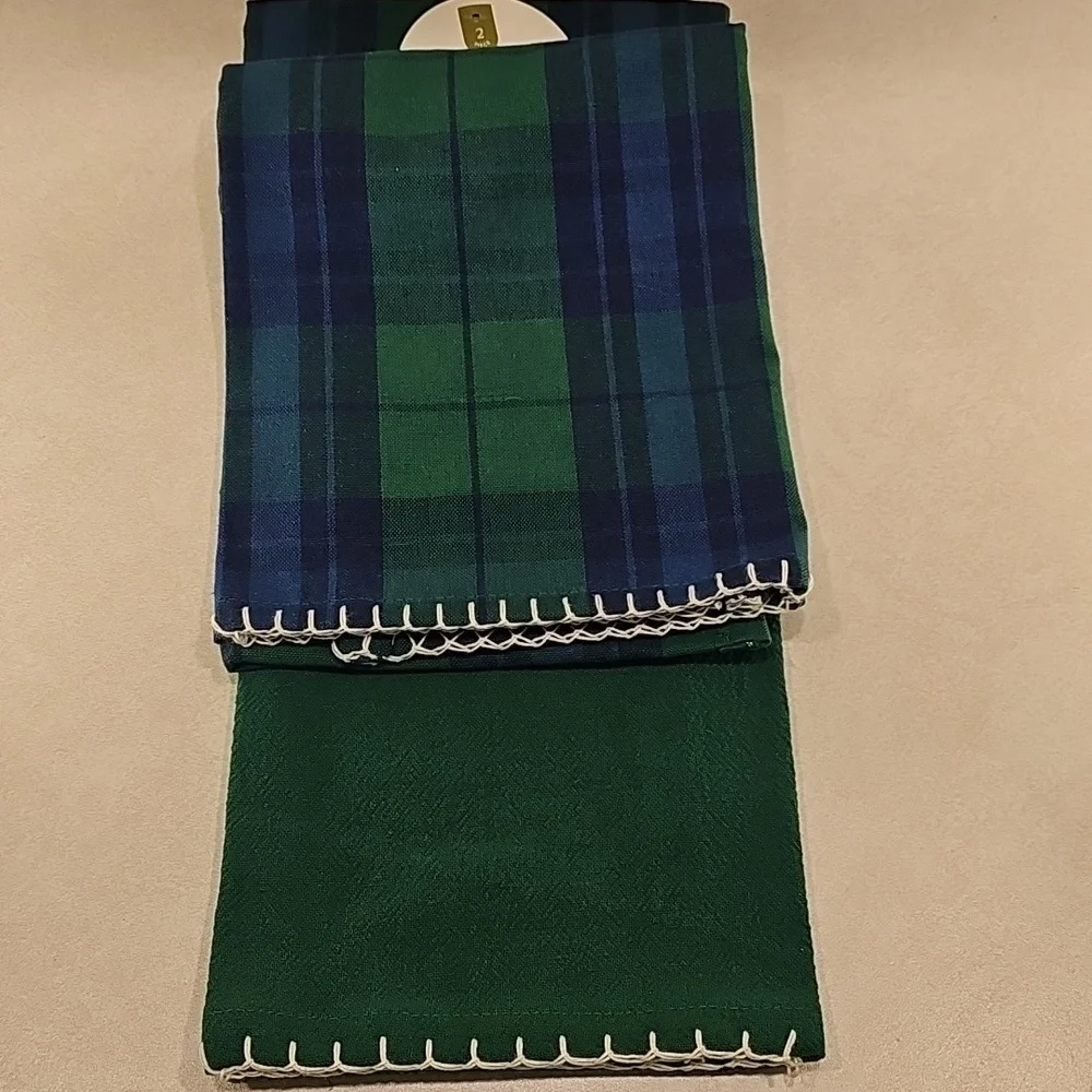 Threshold Set Of 2 Solid Green And Blue And Green Plaid Kitchen Towels